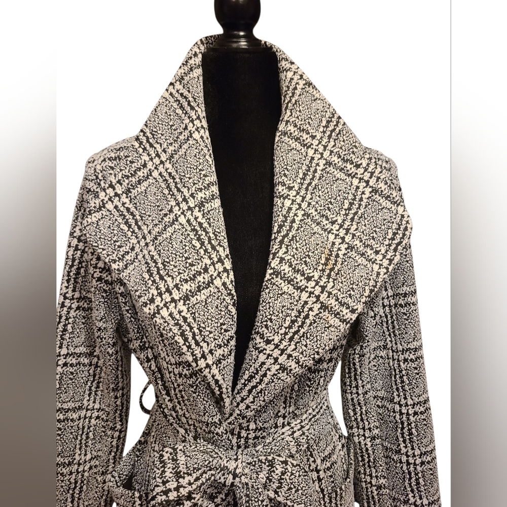 Shinestar Trenchcoat Tweed Black‎ and White Belted Shawl Collar Sz M - Picture 8 of 16
